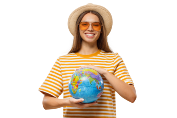Worldwide tourism concept. Young female tourist holding globe with both hands