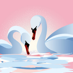 two white swans with splashes of water on the lake, pink background, vector drawing