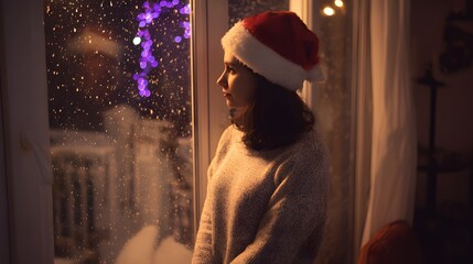 Cozy Christmas scene a woman enjoys snowfall warm lights evoke peaceful holiday serenity indoors