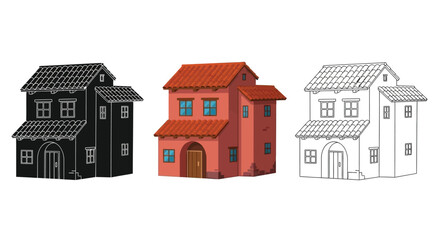 Three variations of a small house with a red tile roof illustrated