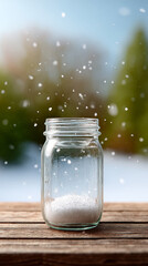 Snowfall collecting in mason jar on wooden table with blurred winter background
