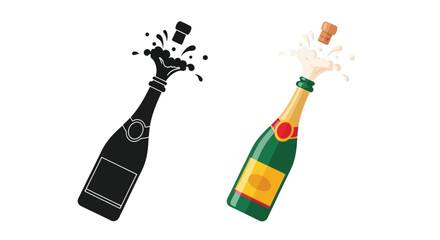 Popping champagne bottle a celebratory splash in black and colorful illustration