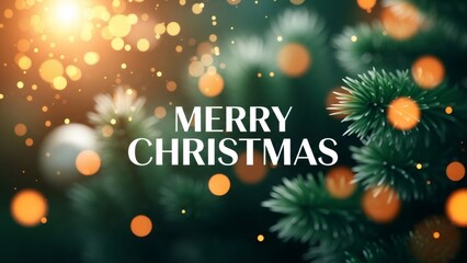 Merry Christmas text on blurred background of christmas tree branch and bokeh light. Holiday greeting card design.