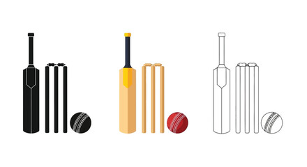 Cricket equipment illustration featuring bats balls and wickets in various styles
