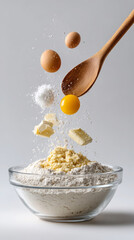 Thumbprint cookie baking ingredients falling into bowl for festive holiday preparation