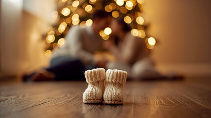 Warm holiday pregnancy announcement with knitted baby booties in focus and a loving couple embracing near a glowing Christmas tree with soft bokeh lights in the background