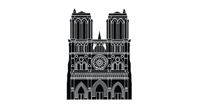 A striking black and white silhouette of the iconic notre dame cathedral facade