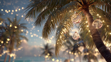 A majestic royal palm tree on a tropical beach at dusk, decorated with vintage Christmas glass baubles and golden fairy lights, a few stars in the sky, soft focus, warm ambient lighting