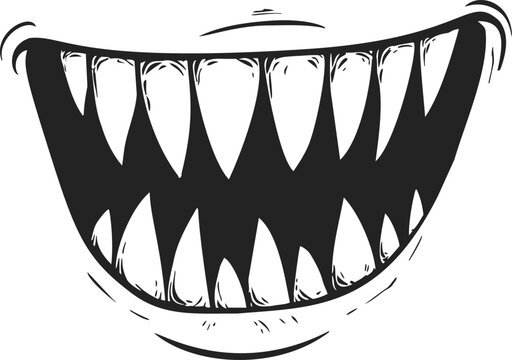 Scary mouth sketch, hand drawn vector with sharp monster teeth and wide grin. Vector illustration