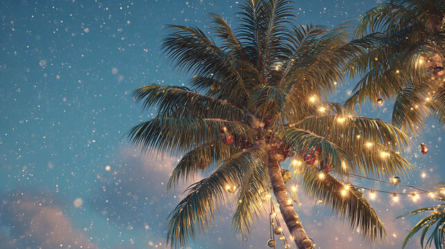 A majestic royal palm tree on a tropical beach at dusk, decorated with vintage Christmas glass baubles and golden fairy lights, a few stars in the sky, soft focus, warm ambient lighting