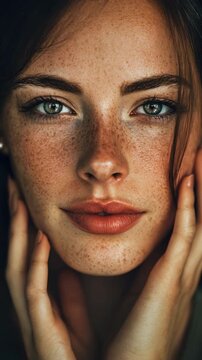 Close-up portrait of beautiful young woman with natural freckles touching face and closing eyes (Vertical Video)