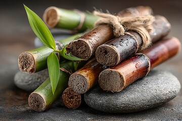 Rustic bamboo tea bowl with zen stones high resolution picture