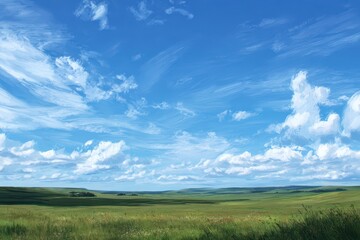 Obraz premium Vibrant Landscape of Lush Green Meadow Under a Clear Blue Sky with Fluffy White Clouds