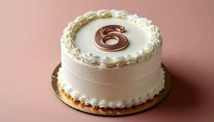 a birthday cake with number 6 on it on soft pink backgrund