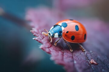 Obraz premium Vivid Closeup of a Ladybug on a Leaf Surrounded by a Softly Blurred Garden Background