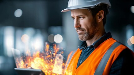 Focused construction worker interacts with augmented reality interface on tablet, surrounded by dynamic digital effects. Smart technology revolutionizes engineering and building processes - Powered by Adobe
