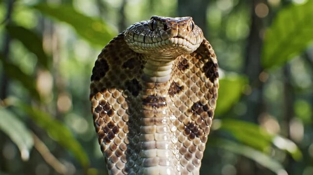 Closeup of a cobra raising its hood in a defensive posture against a blurred natural background. embracing nature's beauty and the power of wildlife.