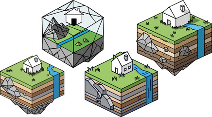 Four isometric geology cross sections showing earth science concepts clearly