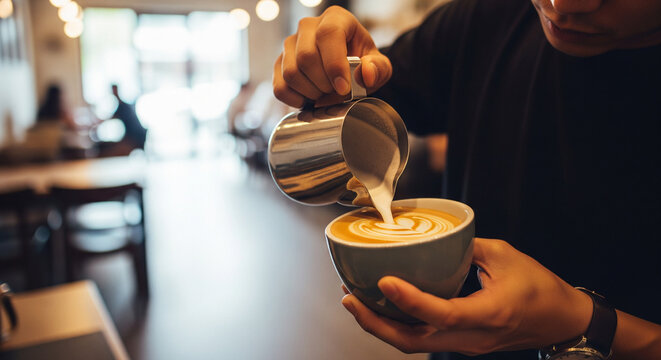 Close-up shot of a barista pouring steamed milk from a metal pitcher into a cup of coffee, creating latte art in a cozy cafe environment. - Powered by Adobe