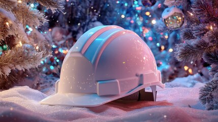 White construction safety helmet in snowy Christmas forest with festive lights