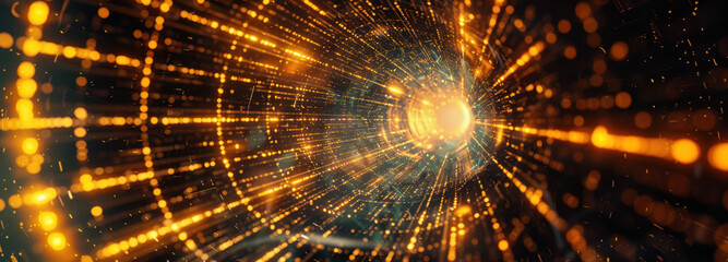 Quantum Tunneling: A futuristic digital artwork depicts a mesmerizing tunnel of data points, each glowing with the power of modern technology, leading to the unknown.