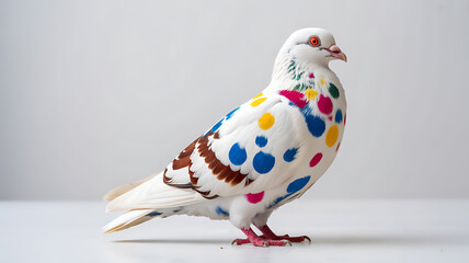 Unique White Pigeon with Vibrant Polka Dot Feathers in Studio
