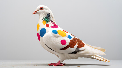 Unique Colorful Polka Dot Pigeon Standing Out on White Background