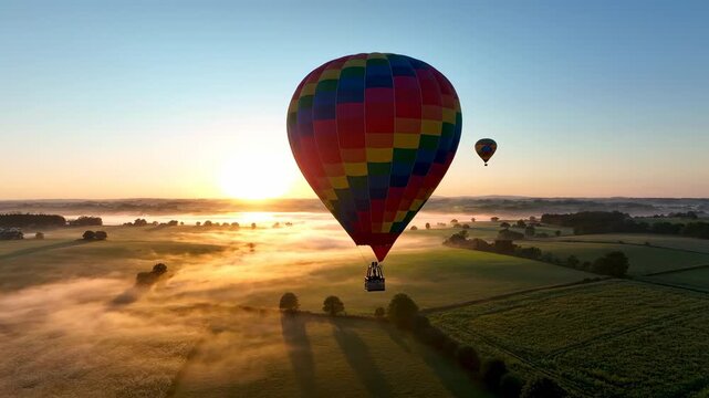 Colorful hot air balloon soaring over serene countryside at sunrise captured in stunning detail. embrace the spirit of adventure and tranquility in this stunning aerial journey.