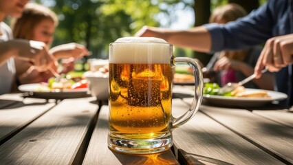 Glass of beer with foam on outdoor table during family picnic