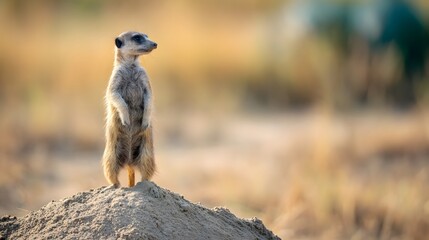 Alert meerkat observes savannah dawn a captivating wildlife portrait of focused attention and serene morning light