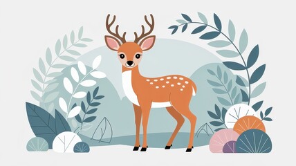 Fototapeta premium Adorable Cartoon Deer Standing in a Peaceful Forest Illustration