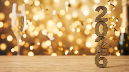 A festive New Year scene with wooden 2026 numbers standing on a table, surrounded by golden bokeh lights and confetti, capturing the excitement and sparkle of welcoming the new year.