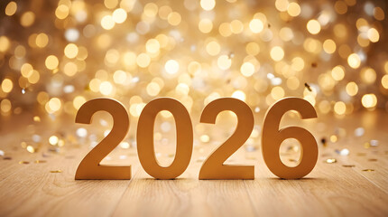 A festive New Year scene with wooden 2026 numbers standing on a table, surrounded by golden bokeh lights and confetti, capturing the excitement and sparkle of welcoming the new year.