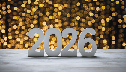 A festive New Year scene with wooden 2026 numbers standing on a table, surrounded by golden bokeh lights and confetti, capturing the excitement and sparkle of welcoming the new year.