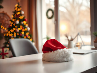 Fototapeta premium Holiday Christmas decoration on a table with Santa hat and a winter snow background
