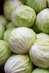 Fototapeta premium Fresh green cabbage heads in a market setting