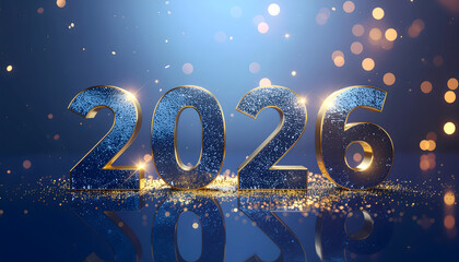 The number 2026 numbers stands against a blue background surrounded by sparkling gold confetti and warm bokeh lights, creating a festive and elegant New Year atmosphere.