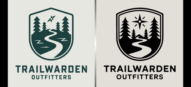 Trailwarden Outfitters river trail shield logos with pines and stars, outdoor adventure crests; rugged camping brand emblems for apparel, gear and signage