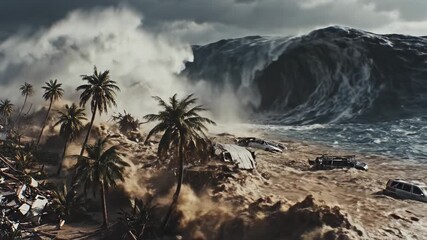 Massive tidal wave crashes onto tropical coastline, devastating palmlined beaches and structures. a dramatic portrayal of nature's relentless power and destruction.