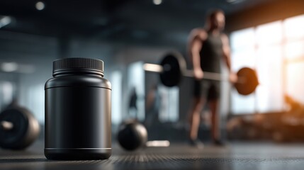 Fitness supplement bottle with gym background