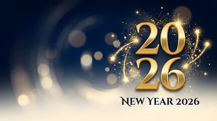 The number 2026 numbers stands against a blue background surrounded by sparkling gold confetti and warm bokeh lights, creating a festive and elegant New Year atmosphere.