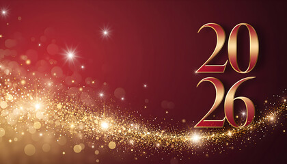 red and gold New Year design featuring bold 2026 numbers accented with gold edges, surrounded by glittering sparkles, glowing bokeh, and festive light trails for a glamorous celebration mood.