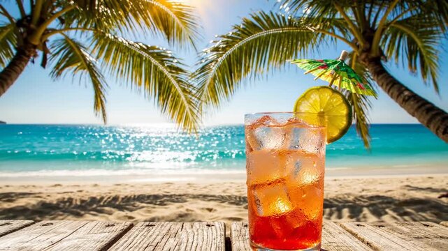 Tropical beachside refreshment with a sunset cocktail under palm trees. embrace relaxation and summer vibes by the ocean.