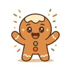 Description: A cute, smiling gingerbread man character with colorful buttons and festive sprinkles on a white background.