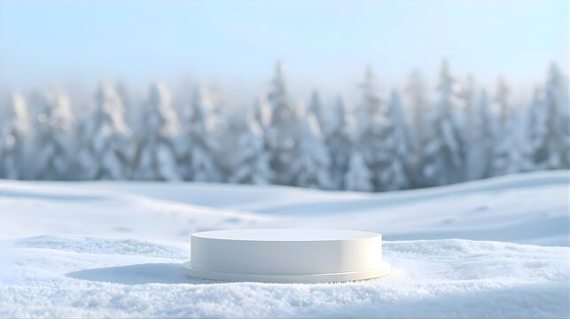 White podium stand on snow for product display
