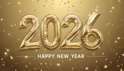 Balloon number 2026 stands against a golden background with the words Happy New Year underneath, surrounded by sparkling gold confetti, creating a festive and elegant New Year theme