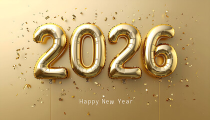 Balloon number 2026 stands against a golden background with the words Happy New Year underneath, surrounded by sparkling gold confetti, creating a festive and elegant New Year theme