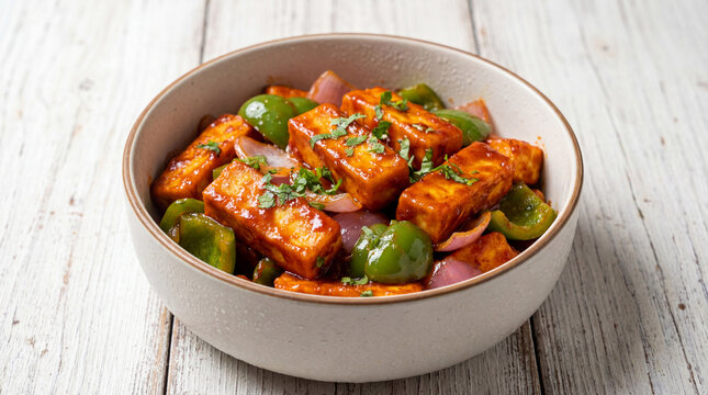 A bowl of paneer chili 