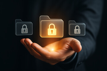 Data protection and privacy with hand holding glowing locked folder icon for secure digital file management