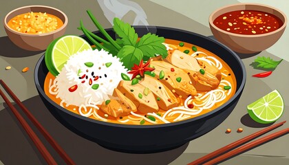 Spicy chicken noodle soup with rice